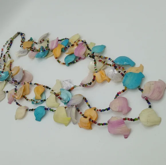 Pastel Dyed Seashell Fish Colorful Multi Strand Seed Bead Necklace 27" Vintage - Picture 9 of 14